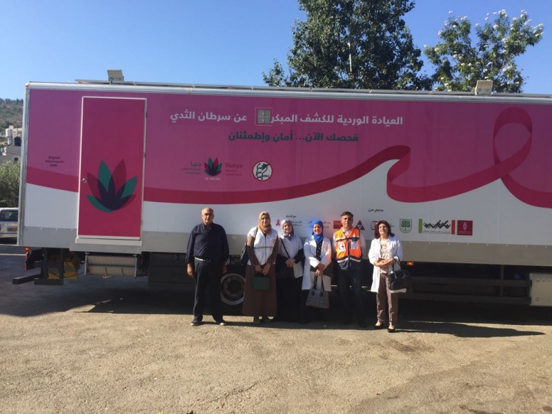 Commencing operations in the Mobile Pink Clinic within the designated areas of the campaign that was launched by the Dunya Women's Cancer Center and Bank of Palestine