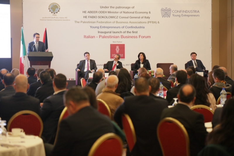 Under the patronage of Bank of Palestine: Launching the conference for developing economic relations between Italy and Palestine and signing the agreement to establish the Palestinian-Italian Business Forum